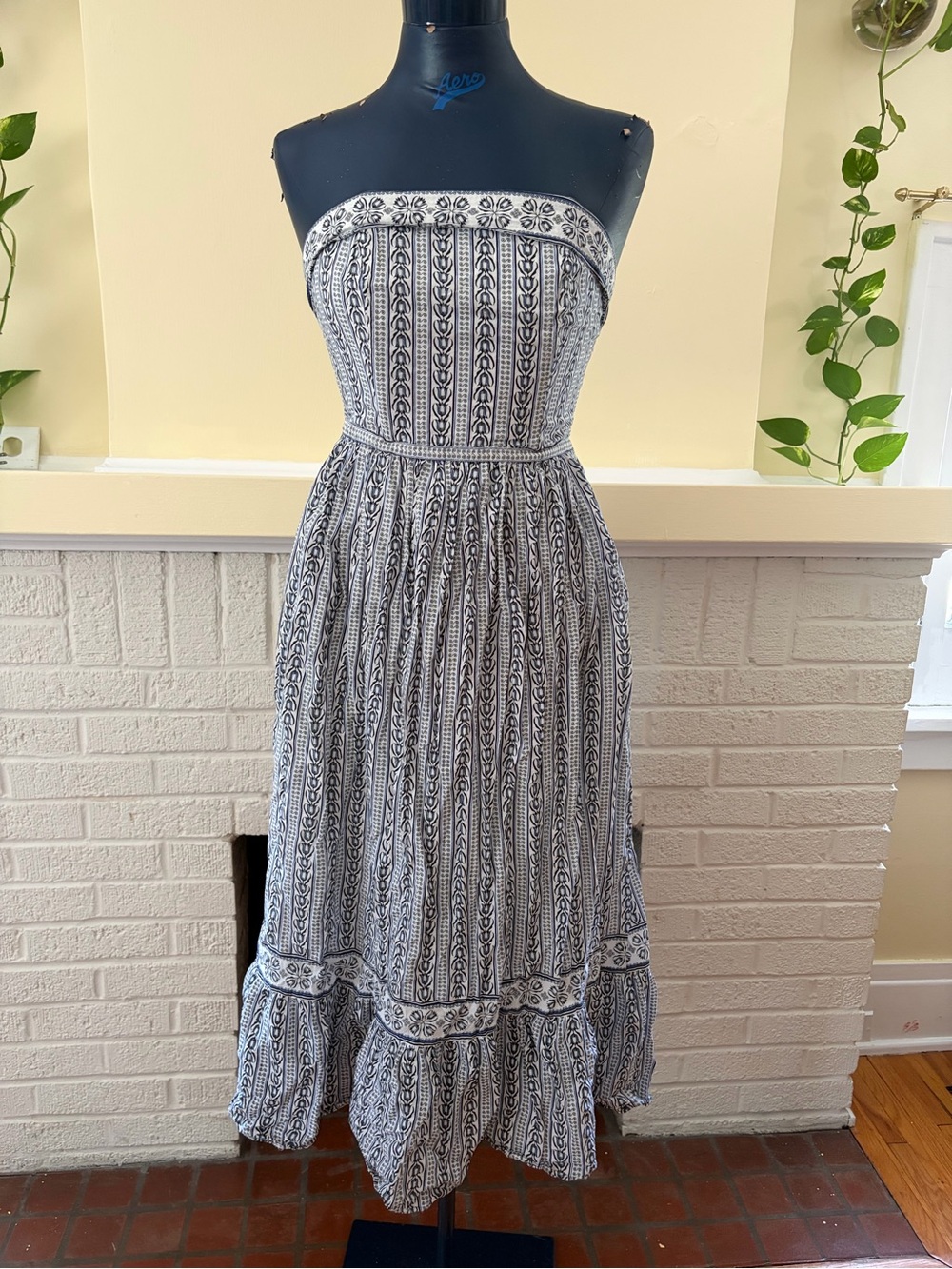 Cotton Strapless Black & White Patterned Midi Dress WITH POCKETS